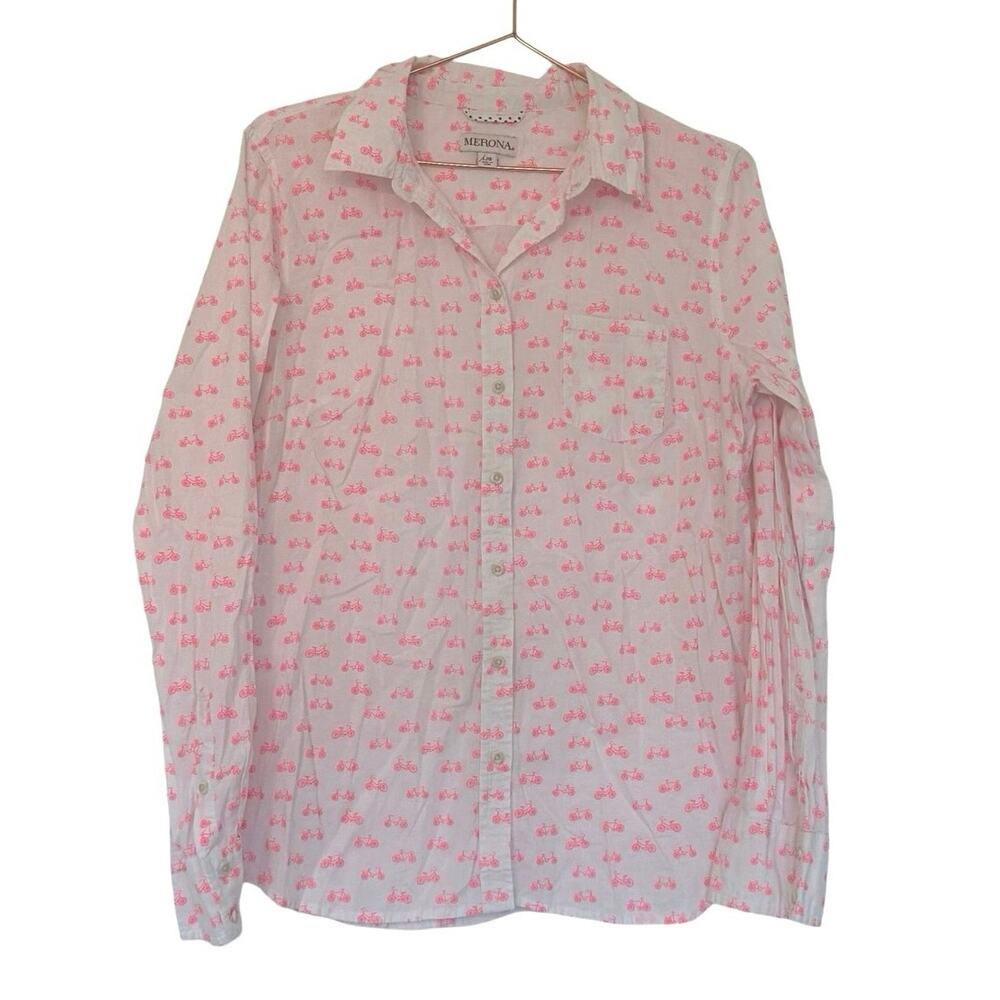 Merona white and pink bicycle print long-sleeve button-down shirt